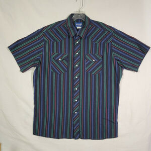Wrangler Western Shirt Black Blue Gree Striped Short Sleeve XLT Shirt Pearl Snap